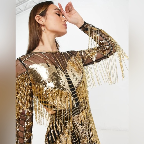 ASOS Gold and Black Fringe Dress - Picture 4 of 13